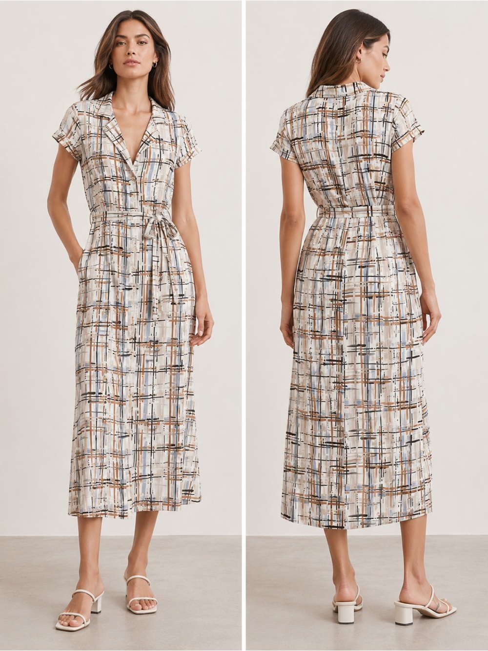 Wilfred Button-Front Plaid Midi Dress in Cream, Blue, and brown - Picture 1 of 4